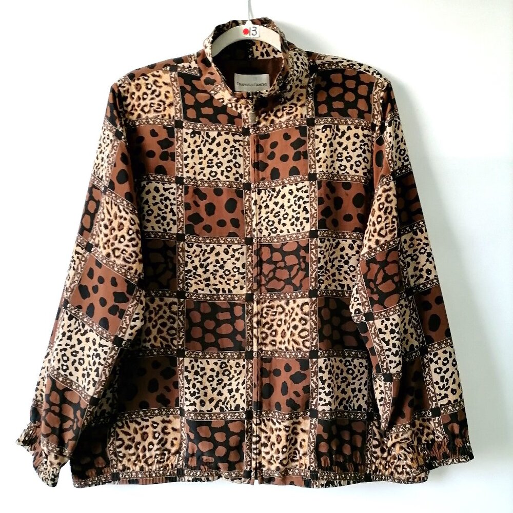 Draper's & Damons Womens Brown Silk Leopard Full Zip Windbreaker Jacket Size PL